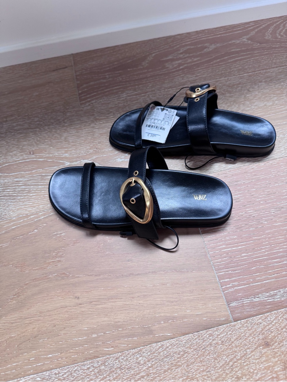 ZARA Black Slide Sandals with Oversized Gold Buckle - Picture 2 of 5